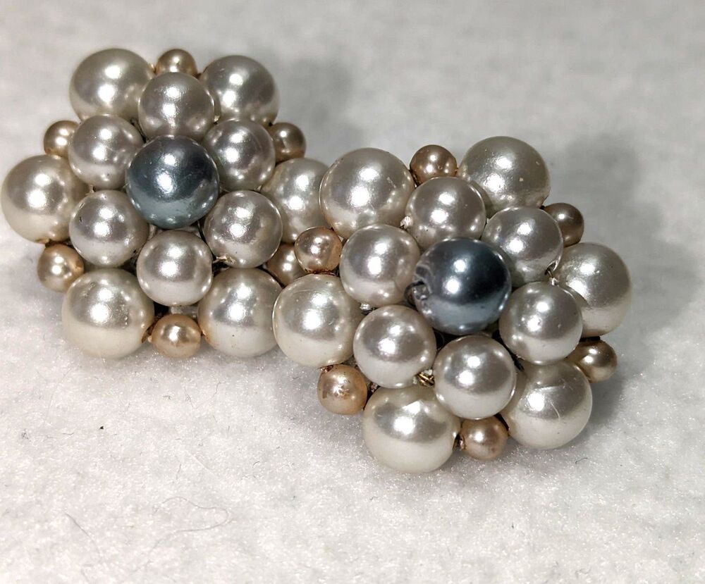 Vintage Faux Pearl White, Grey, Champagne Bead Clip Ons